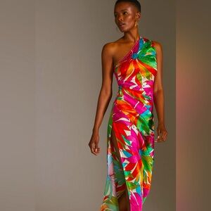 Ronny Kobo Gildo One Shoulder Satin Midi Dress Neon Colorful Pattern size Large